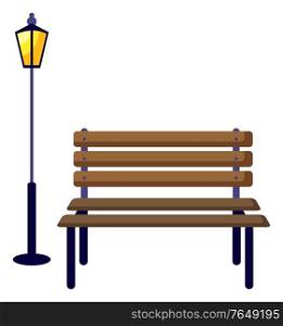 Bench and glowing lantern, park furniture set. Isolated comfortable bench made of wood and metal. Composition for city decorating. Outdoors illumination and place to rest. Vector in flat style. Wooden Bench and Outdoors Lantern Light Vector