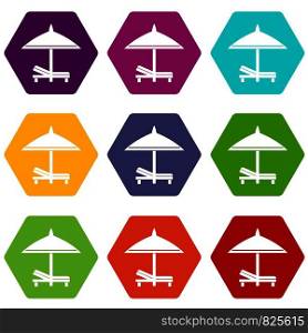 Bench and umbrella icon set many color hexahedron isolated on white vector illustration. Bench and umbrella icon set color hexahedron
