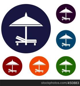 Bench and umbrella icons set in flat circle reb, blue and green color for web. Bench and umbrella icons set
