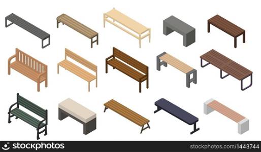 Bench icons set. Isometric set of bench vector icons for web design isolated on white background. Bench icons set, isometric style