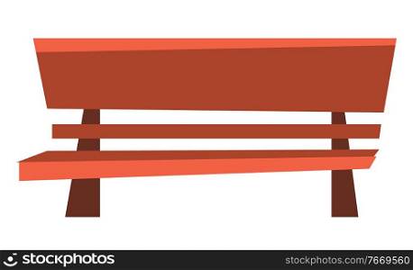 Bench in brown color, cafe or restaurant element of exterior. Seat from hardwood, wooden place symbol, urban furniture for relaxation, rustic sign vector. Hardwood Seat, Brown Bench, Cafe Object Vector