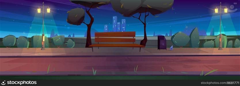 Bench in night park, summer landscape with city view background, empty public place for walking and recreation with green trees, litter bins and street lamps. Urban garden Cartoon vector illustration. Bench in night park, summer landscape, city view