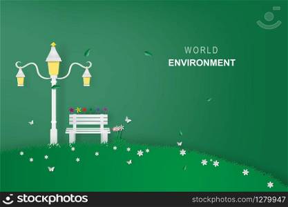Bench in the park.City park design with modern design vector for banner background.Creative paper cut and craft style.Ecology environment relax concept.wallpaper, web landing page minimal illustration