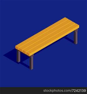 Bench isometric color vector illustration. Wooden seat infographic. Piece of furniture. Relaxation equipment. Urban park bench 3d concept isolated on blue background