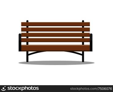 Bench made of wood, wooden and metal material, place for people to sit vector. Isolated icon of park outdoors furniture, solid empty construction. Bench Made of Wood Place for People to Sit Vector