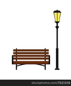 Bench made of wooden material with lantern, set of isolated icons vector. Furniture at city park, lamp illuminating bright light and place to seat. Bench Made of Wooden Material with Lantern Vector