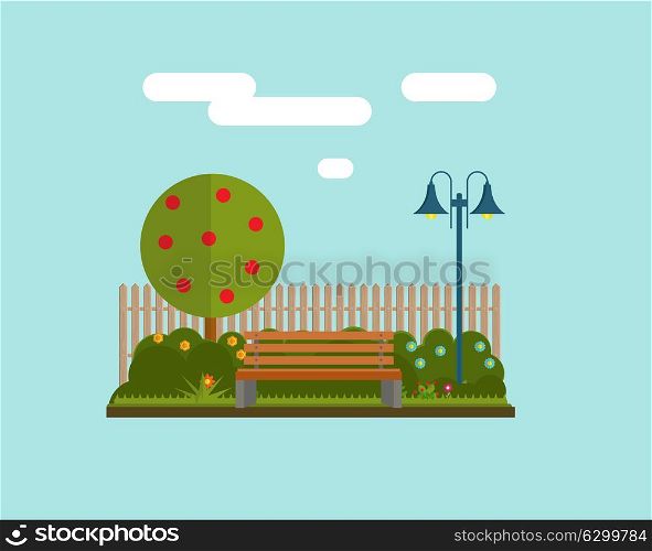 Bench under a tree in the park. Flat style vector illustration. EPS10. Bench under a tree in the park. Flat style vector illustration