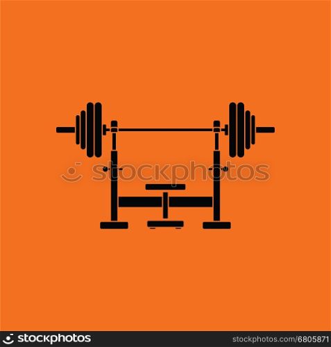 Bench with barbel icon. Orange background with black. Vector illustration.