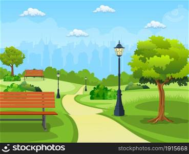 Bench with tree and lantern in the Park. Vector illustration in flat style. Bench with tree and lantern in the Park.