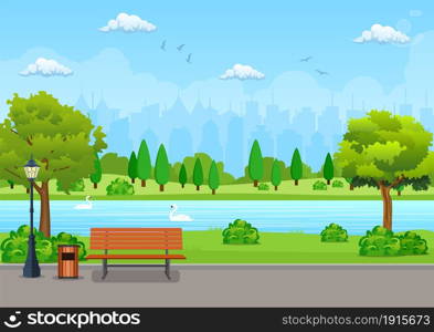 Bench with tree and lantern in the Park. Vector illustration in flat style. Bench with tree and lantern in the Park.