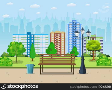 Bench with tree and lantern in the Park. Vector illustration in flat style. Bench with tree and lantern in the Park.