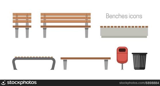 Benches flat icons. Benches flat icons. Outdoor wooden benches with garbage can.