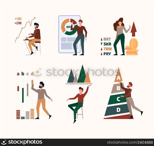 Benchmark. Stylized characters with marketing graph company strategy compare business diagram garish vector flat illustrations. Benchmarking and management, metrics survey, increase report. Benchmark. Stylized characters with marketing graph company strategy compare business diagram garish vector flat illustrations