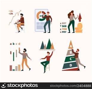 Benchmark. Stylized characters with marketing graph company strategy compare business diagram garish vector flat illustrations. Benchmarking and management, metrics survey, increase report. Benchmark. Stylized characters with marketing graph company strategy compare business diagram garish vector flat illustrations