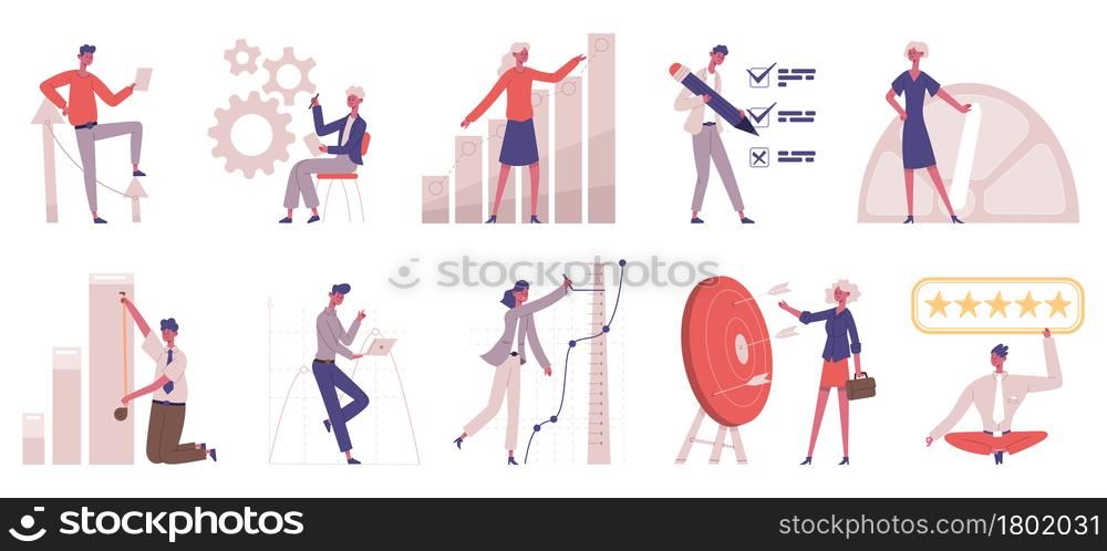 Benchmarking comparison business company development strategy. Business development compare, improvement testing vector illustration set. Benchmark testing and analysis. Employees measuring progress. Benchmarking comparison business company development strategy. Business development compare, improvement testing vector illustration set. Benchmark testing and analysis