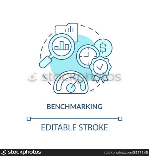 Benchmarking turquoise concept icon. Business intelligence abstract idea thin line illustration. Competitive analysis. Isolated outline drawing. Editable stroke. Arial, Myriad Pro-Bold fonts used. Benchmarking turquoise concept icon