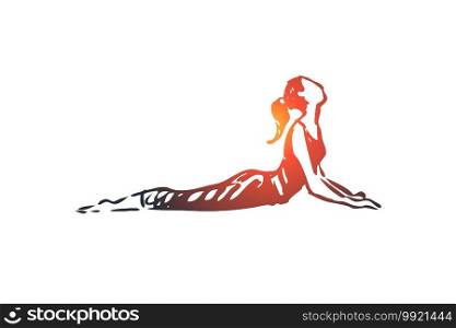 Bend, health, body, yoga, pose concept. Hand drawn woman in yoga pose concept sketch. Isolated vector illustration.. Bend, health, body, yoga, pose concept. Hand drawn isolated vector.