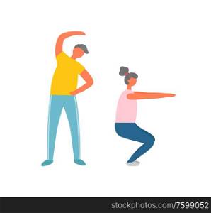 Bending over and squats, man and woman doing morning exercise isolated characters vector. Fitness training and physical activity, couple and daily workout. Morning Exercise, Bending Over and Squats, Sport