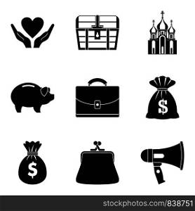 Beneficence icons set. Simple set of 9 beneficence vector icons for web isolated on white background. Beneficence icons set, simple style