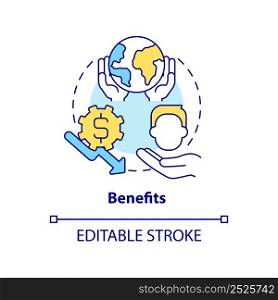 Benefits concept icon. Focus on energy strategy abstract idea thin line illustration. Improving efficiency and environment. Isolated outline drawing. Editable stroke. Arial, Myriad Pro-Bold fonts used. Benefits concept icon