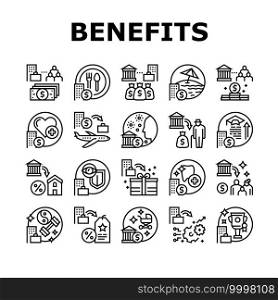 Benefits For Business Collection Icons Set Vector. Benefits For Employees And Social Protection, Free Lunch And Transport, Career And Experience Black Contour Illustrations. Benefits For Business Collection Icons Set Vector
