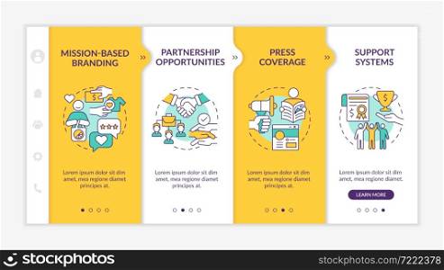 Benefits for social entrepreneurship onboarding vector template. Responsive mobile website with icons. Web page walkthrough 4 step screens. Advantages color concept with linear illustrations. Benefits for social entrepreneurship onboarding vector template