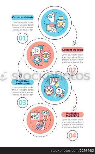 Benefits of AI in marketing vertical infographic template. Data visualization with 4 steps. Process timeline info chart. Workflow layout with line icons. Myriad Pro-Bold, Regular fonts used. Benefits of AI in marketing vertical infographic template