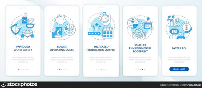 Benefits of automation blue onboarding mobile app screen. Production walkthrough 5 steps graphic instructions pages with linear concepts. UI, UX, GUI template. Myriad Pro-Bold, Regular fonts used. Benefits of automation blue onboarding mobile app screen