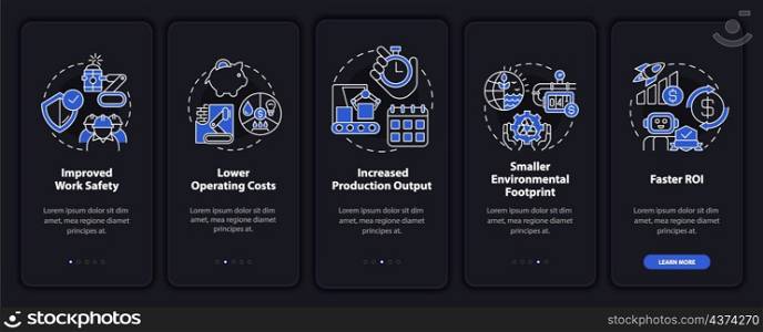 Benefits of automation night mode onboarding mobile app screen. Walkthrough 5 steps graphic instructions pages with linear concepts. UI, UX, GUI template. Myriad Pro-Bold, Regular fonts used. Benefits of automation night mode onboarding mobile app screen