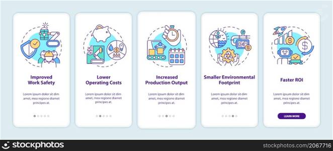 Benefits of automation onboarding mobile app screen. Production walkthrough 5 steps graphic instructions pages with linear concepts. UI, UX, GUI template. Myriad Pro-Bold, Regular fonts used. Benefits of automation onboarding mobile app screen