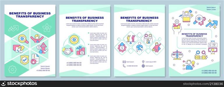 Benefits of business transparency green brochure template. Booklet print design with linear icons. Vector layouts for presentation, annual reports, ads. Arial-Black, Myriad Pro-Regular fonts used. Benefits of business transparency green brochure template