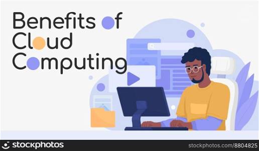 Benefits of cloud computing flat vector banner template. Digital storage. Database poster, leaflet printable color designs. Editable flyer page with text space. Comfortaa Bold font used. Benefits of cloud computing flat vector banner template
