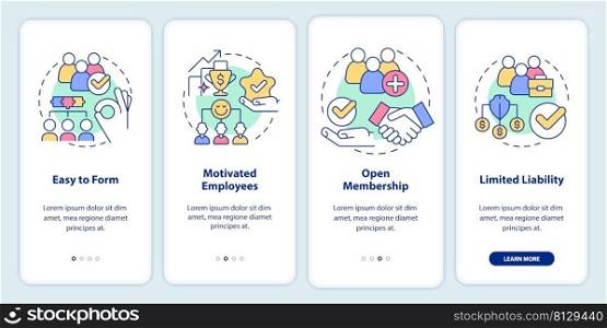 Benefits of co-ops onboarding mobile app screen. Partnership walkthrough 4 steps graphic instructions pages with linear concepts. UI, UX, GUI template. Myriad Pro-Bold, Regular fonts used. Benefits of co-ops onboarding mobile app screen