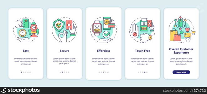 Benefits of contactless payments onboarding mobile app screen. Service walkthrough 5 steps graphic instructions pages with linear concepts. UI, UX, GUI template. Myriad Pro-Bold, Regular fonts used. Benefits of contactless payments onboarding mobile app screen