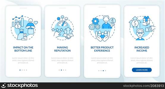 Benefits of customer service blue onboarding mobile app screen. Walkthrough 4 steps graphic instructions pages with linear concepts. UI, UX, GUI template. Myriad Pro-Bold, Regular fonts used. Benefits of customer service blue onboarding mobile app screen