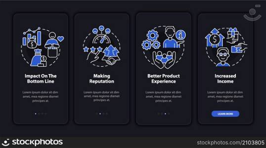 Benefits of customer service night mode onboarding mobile app screen. Walkthrough 4 steps graphic instructions pages with linear concepts. UI, UX, GUI template. Myriad Pro-Bold, Regular fonts used. Benefits of customer service night mode onboarding mobile app screen