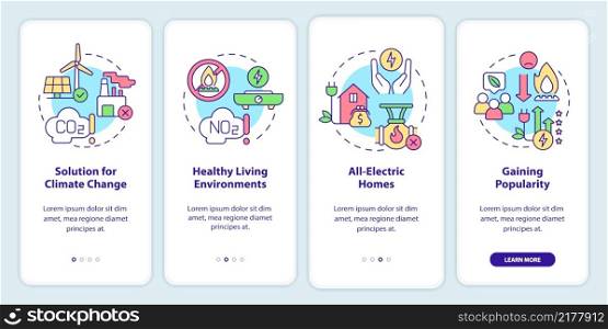 Benefits of electrification onboarding mobile app screen. Walkthrough 4 steps graphic instructions pages with linear concepts. UI, UX, GUI template. Myriad Pro-Bold, Regular fonts used. Benefits of electrification onboarding mobile app screen