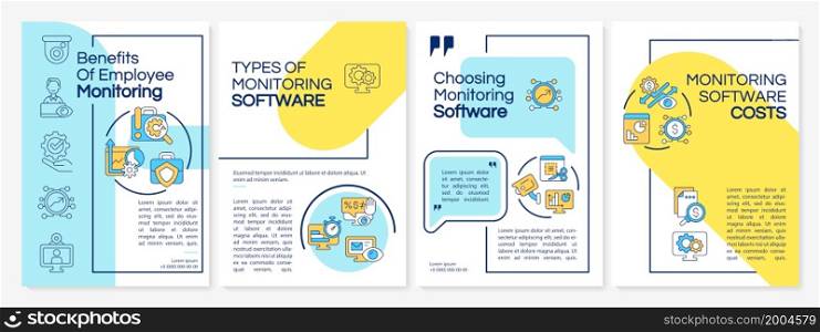 Benefits of employee monitoring colourful brochure template. Flyer, booklet, leaflet print, cover design with linear icons. Vector layouts for presentation, annual reports, advertisement pages. Benefits of employee monitoring colourful brochure template