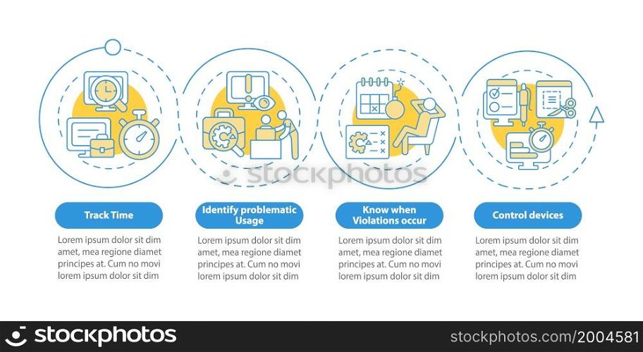 Benefits of employee monitoring vector infographic template. Work presentation outline design elements. Data visualization with 4 steps. Process timeline info chart. Workflow layout with line icons. Benefits of employee monitoring vector infographic template