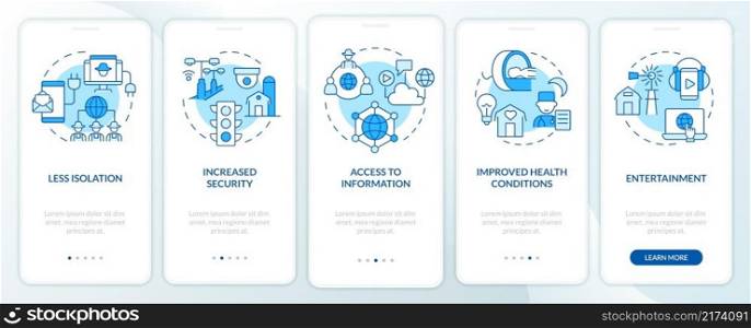 Benefits of energy services and RE blue onboarding mobile app screen. Walkthrough 5 steps graphic instructions pages with linear concepts. UI, UX, GUI template. Myriad Pro-Bold, Regular fonts used. Benefits of energy services and RE blue onboarding mobile app screen