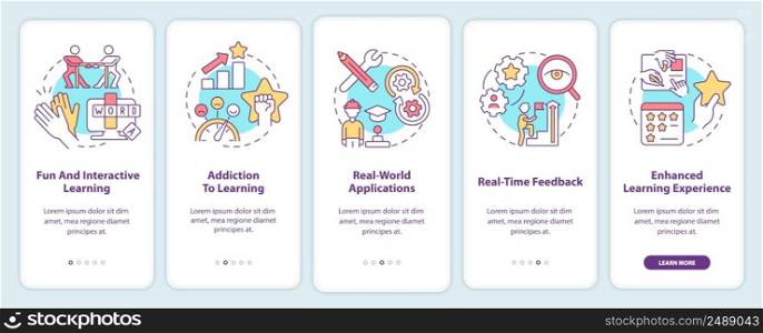 Benefits of gamification onboarding mobile app screen. Education trends walkthrough 5 steps graphic instructions pages with linear concepts. UI, UX, GUI template. Myriad Pro-Bold, Regular fonts used. Benefits of gamification onboarding mobile app screen