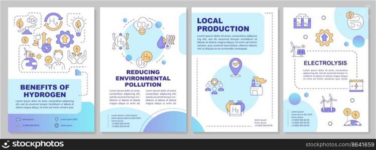 Benefits of hydrogen blue brochure template. Green power advantages. Leaflet design with linear icons. Editable 4 vector layouts for presentation, annual reports. Arial, Myriad Pro fonts used. Benefits of hydrogen blue brochure template