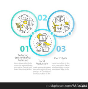 Benefits of hydrogen circle infographic template. Green fuel pros. Data visualization with 3 steps. Editable timeline info chart. Workflow layout with line icons. Myriad Pro-Regular font used. Benefits of hydrogen circle infographic template