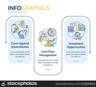 Benefits of insurance service rectangle infographic template. Data visualization with 3 steps. Process timeline info chart. Workflow layout with line icons. Lato-Bold, Regular fonts used. Benefits of insurance service rectangle infographic template