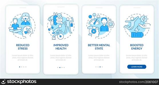 Benefits of life balance blue onboarding mobile app screen. Wellness walkthrough 4 steps graphic instructions pages with linear concepts. UI, UX, GUI template. Myriad Pro-Bold, Regular fonts used. Benefits of life balance blue onboarding mobile app screen
