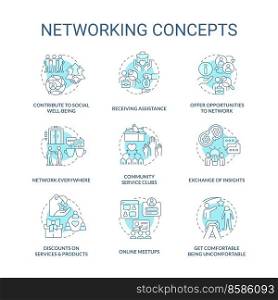 Benefits of networking blue concept icons set. Building business relationships idea thin line color illustrations. Isolated symbols. Editable stroke. Roboto-Medium, Myriad Pro-Bold fonts used. Benefits of networking blue concept icons set