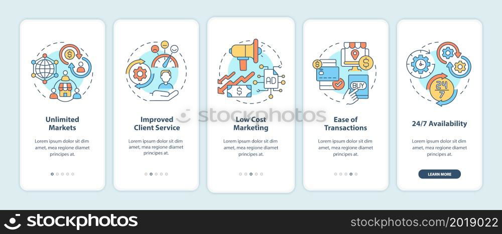 Benefits of online entrepreneurship onboarding mobile app page screen. Availability walkthrough 5 steps graphic instructions with concepts. UI, UX, GUI vector template with linear color illustrations. Benefits of online entrepreneurship onboarding mobile app page screen