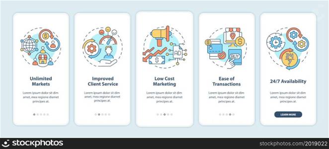 Benefits of online entrepreneurship onboarding mobile app page screen. Availability walkthrough 5 steps graphic instructions with concepts. UI, UX, GUI vector template with linear color illustrations. Benefits of online entrepreneurship onboarding mobile app page screen