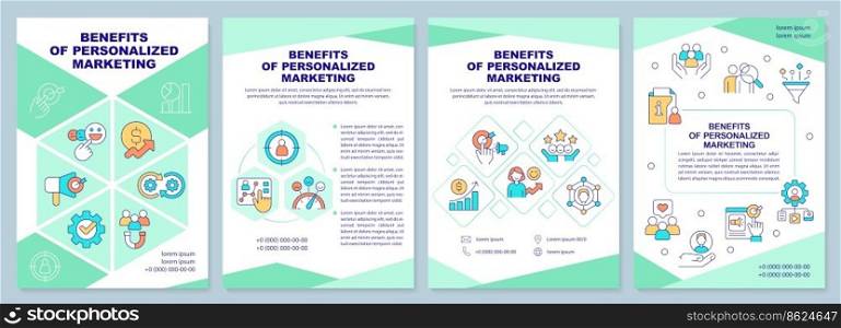 Benefits of personalized marketing mint brochure template. Leaflet design with linear icons. Editable 4 vector layouts for presentation, annual reports. Arial-Black, Myriad Pro-Regular fonts used. Benefits of personalized marketing mint brochure template