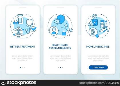 Benefits of precision medicine blue onboarding mobile app screen. Walkthrough 3 steps editable graphic instructions with linear concepts. UI, UX, GUI template. Myriad Pro-Bold, Regular fonts used. Benefits of precision medicine blue onboarding mobile app screen